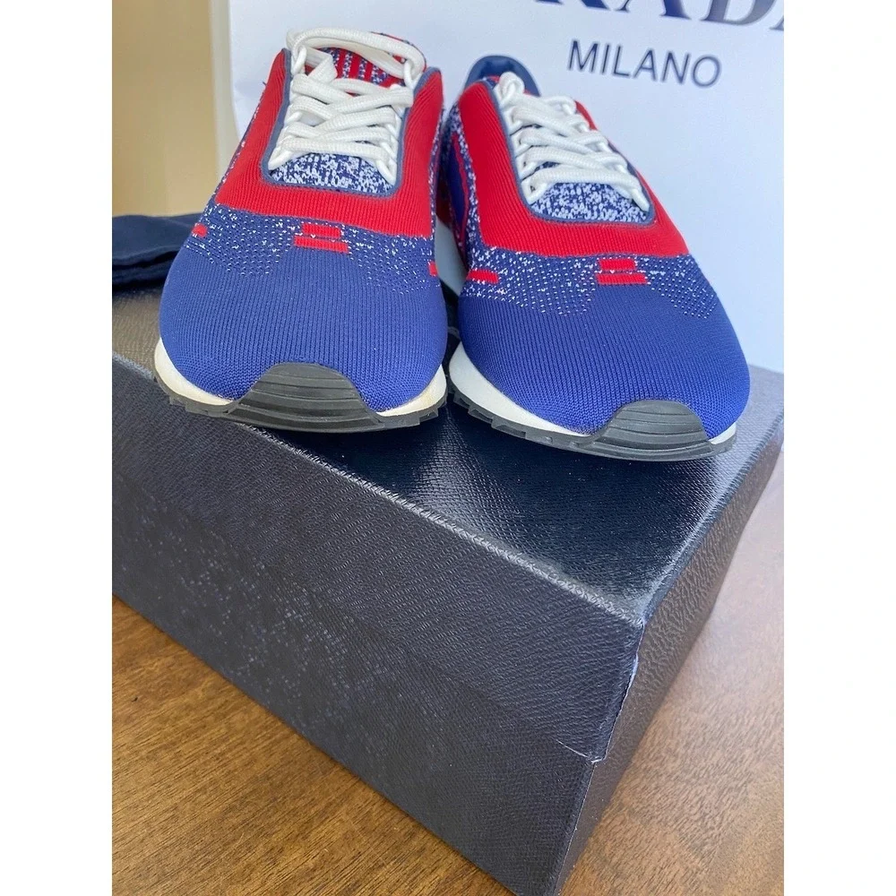 PRADA 2EG272 RED‎ BLUE FABRIC TRAINERS KNIT LOGO LACE UP SNEAKERS UK 7